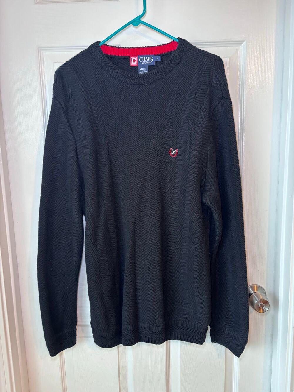 Chaps Men’s Medium Black Herringbone 100% Cotton Crewneck Sweater